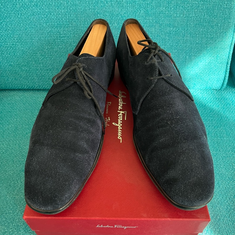 Salvatore Ferragamo Navy Blue Suede Dress Shoes